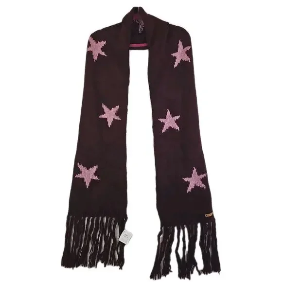 Coach Star Intarsia Long Fringe Scarf Wool Blend Bright Berry Orchid F86021 NWT. - Picture 3 of 14